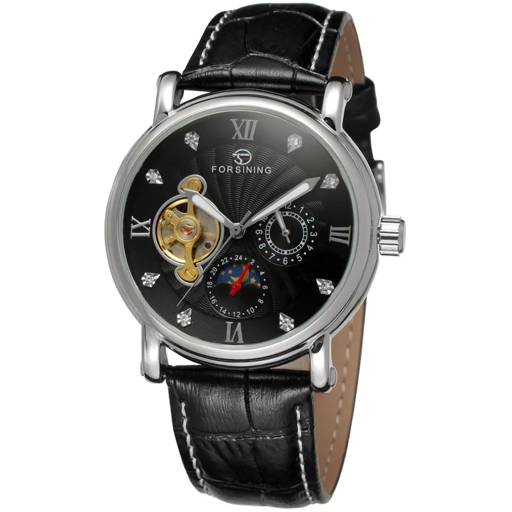 Forsining модные турбийон дизайн Swirl циферблат светящиеся Роскошные Moon Phase Мужские часы лучший бренд класса люкс автоматические часы для мужчин