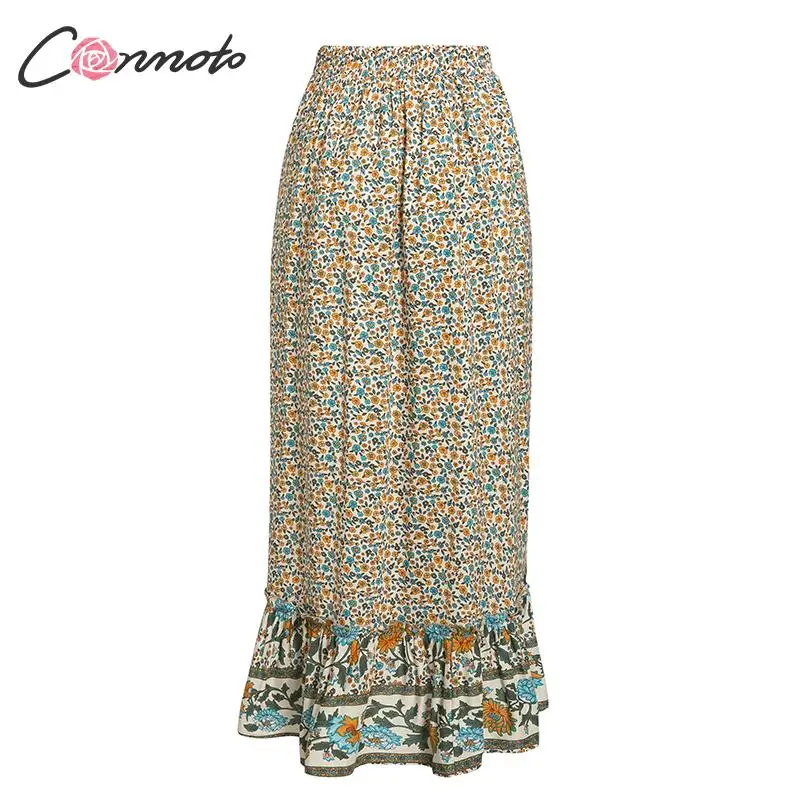Conmoto пляжные Летние повседневные Цветочные женские юбки boho с оборками и принтом, юбка с высокой талией, Женская Асимметричная винтажная юбка