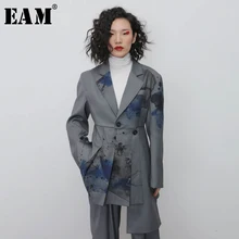 [EAM] женский серый узор, плиссированный ассиметричный пиджак, новинка, с отворотом, длинный рукав, свободный крой, куртка, модная, весна-осень, 1N119