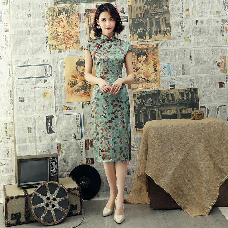 Green Print Flower Women Satin Qipao Sexy Slim Short Cheongsam Chinese Dress Classic Oversize 3XL Mandarin Collar Vestidos