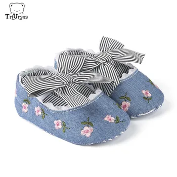 

Toddler Adorable Baby Floral Denim First Walk Shoe Bowknot Soft Sole Baby Girls Dress Shoes Blue Pink White Baby Girl Crib Shoes