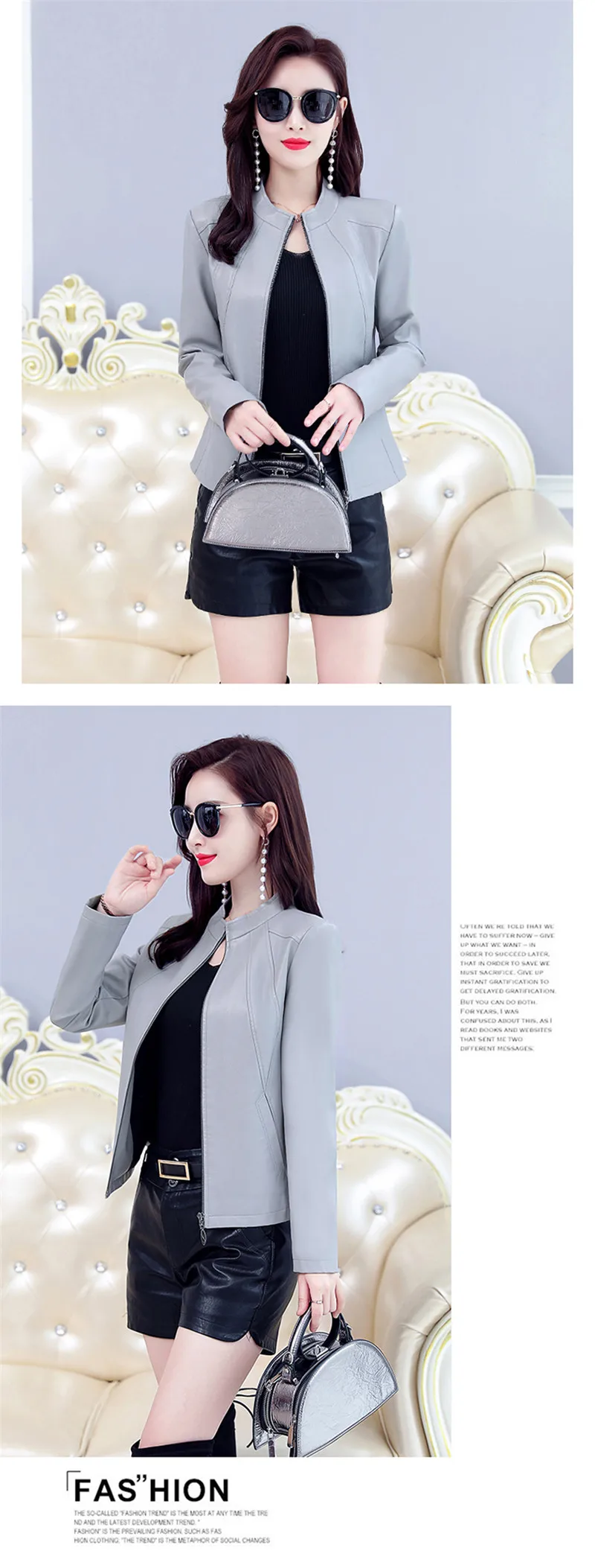 Plus Size Women's Washed PU Leather Jacket Short Full Sleeve Standing Collar Zipper Motorcycle Coat Lady Basic Jacket W1126