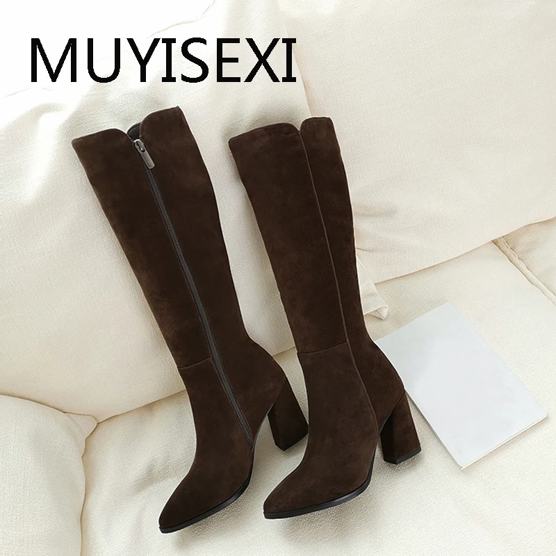 

8cm High Heel Knee High Boots Women Winter Boots Pointed Toe Black Brown Suede Leather Warm Sexy Fashion LDI15 MUYISEXI