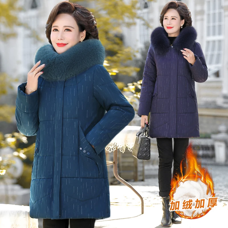 

Middle-aged and Elderly Women's Cotton Coat New Winter Jacket Parka Mid-length Large Size Hooded embroidery Jacket Overcoat