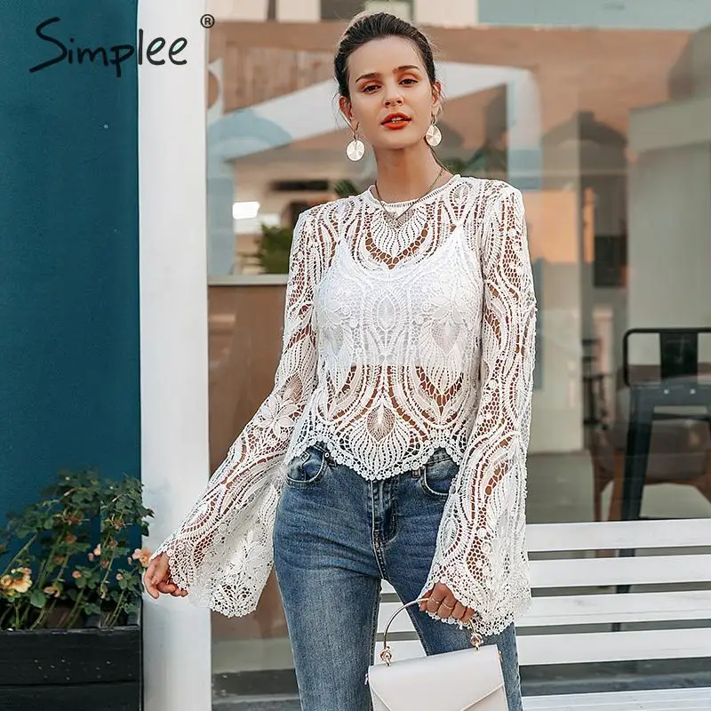  Simplee Sexy hollow out lace embroidery women blouse shirt Elegant flare sleeve female party shirt 