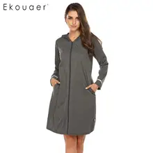 Ekouaer женский халат с капюшоном, Весенняя осенняя одежда для сна, круглый вырез, длинный рукав, свободные карманы, на молнии, халаты, халат, ночная одежда