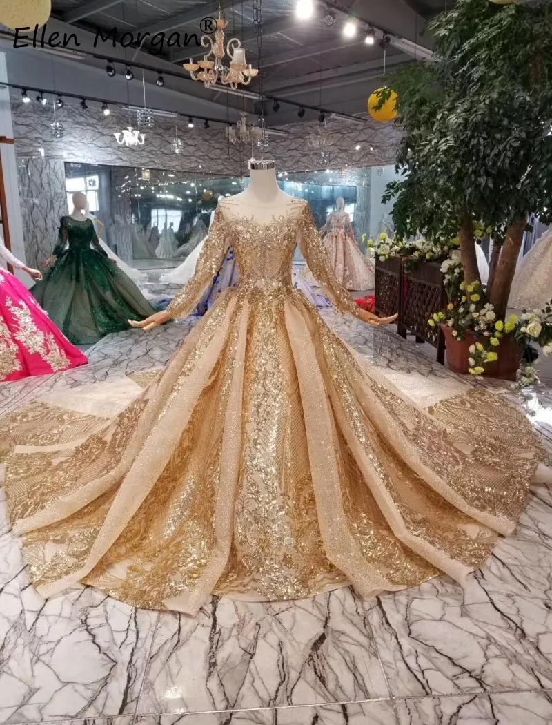 Золотые бальные платья с длинными рукавами свадебные 2020 Арабский Мусульманский