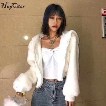 

Hugcitar 2019 long sleeve faux fur hooded cropped top jacket autumn winter women warm coat streetwear party white solid outfits