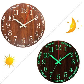 

585YH Home Decor Night Light Living Room Wall Clock Modern Design Retro Style Hanging Luminous Weekdays Round Face Analog Wooden
