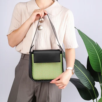 

Delicate Fashion Women Leather Totes Shoulder Bag Classic Texture Creative Design Woven Splicing Daily Square Handbags