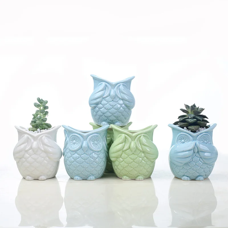 

Three-piece Desktop Ceramic Owl Succulent Flower Pot Creative Balcony Home Gardening Green Plants White Potted Plants Glazed