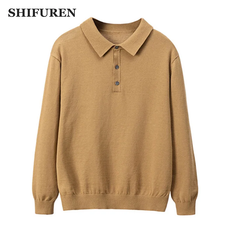 

SHIFUREN Winter Men Sweater Pullovers Turn-down Collar Cotton Knitted Sweaters Male Jumpers Jersey Tops Solid Color