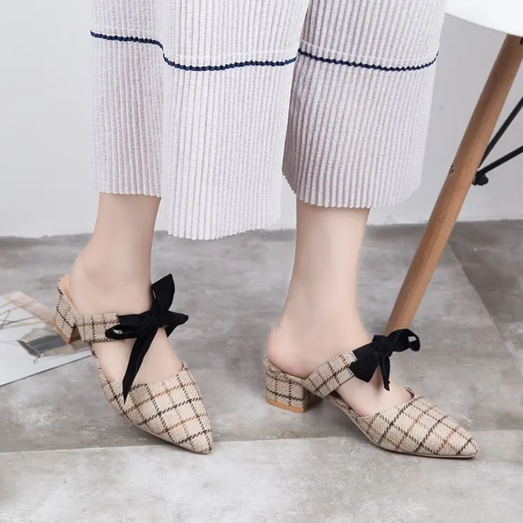 

Sandals Women's 2018 New Style Ozhouzhan Versatile Bow Pointed-Toe Closed-toe Slippers Low-Cut Flat Heel WOMEN'S Flat Shoes