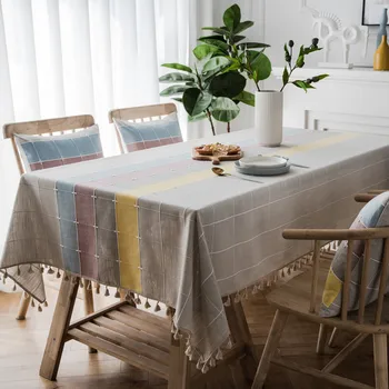 

Plaid Decorative Linen Table Cloth With Tassel Waterproof Rectangular Square Table Cloths for Home Kitchen Dining Room Hotel