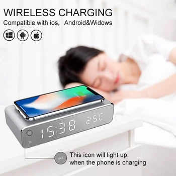 

LED Electric Alarm Clock With Phone Charger Wireless Desktop Digital Thermometer Clock HD Clock Mirror Wireless Chargers
