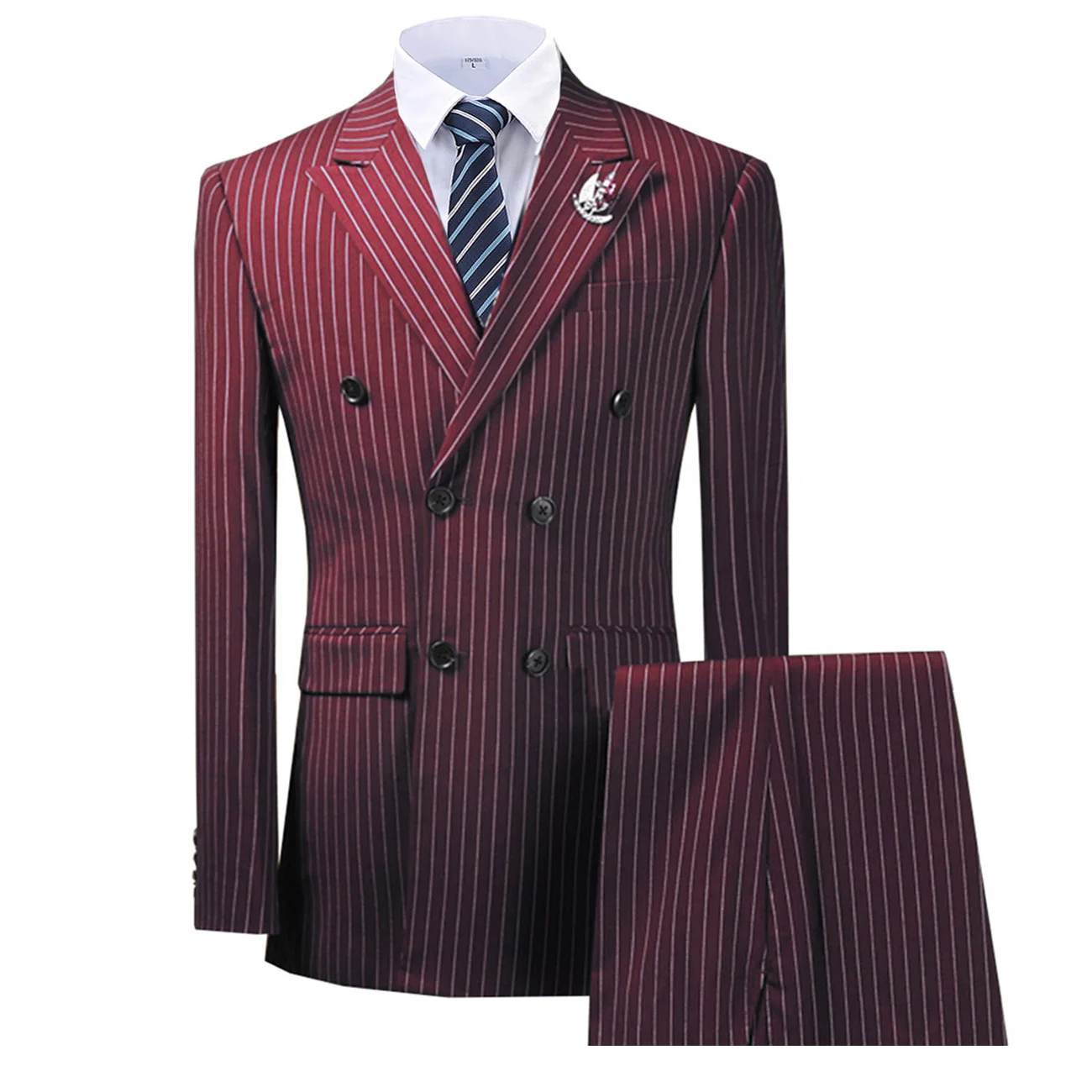 Chaqueta borgoña a rayas de doble botonadura para hombre, traje de dos piezas con pantalones, chaqueta Formal azul marino, esmoquin para novio de boda
