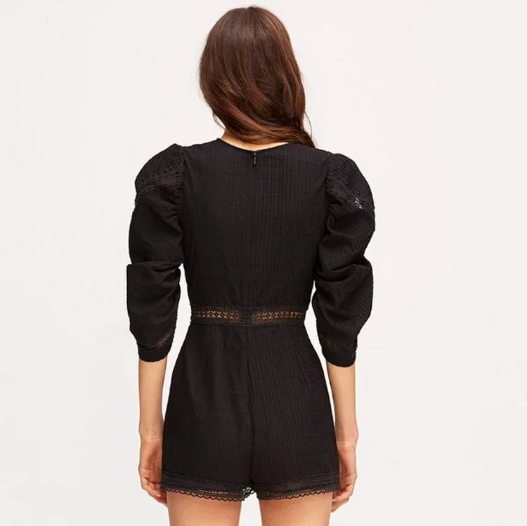 Высокое качество, лето, подиумный однобортный комбинезон, полый рукав, круглый вырез, высокая талия, кружевной комбинезон для отдыха