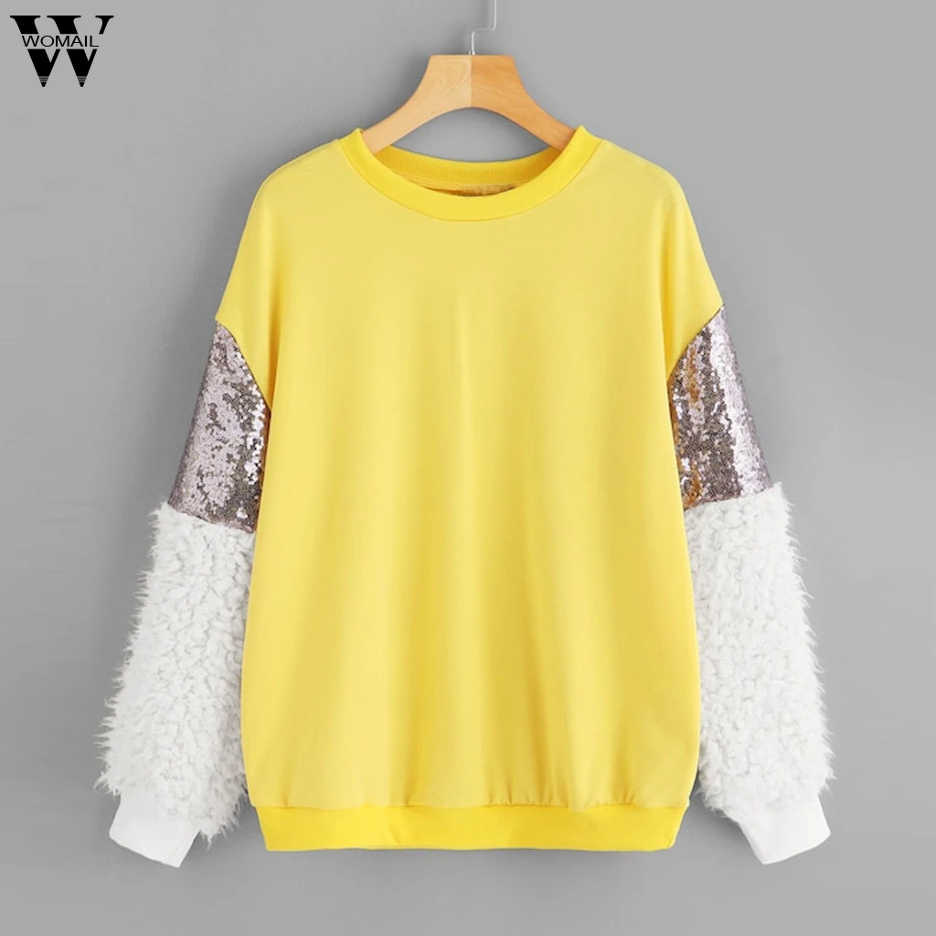 Womail свитшоты весна осень круглый вырез блестки Пушистый пуловер мода пэчворк с длинным рукавом женские свитшоты