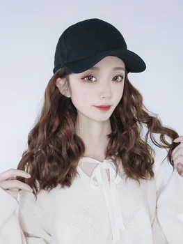 

VICWIG Hat Wig Baseball Cap + Medium Long Water Ripple Curly Hair Brown Black Synthetic Wig For Women