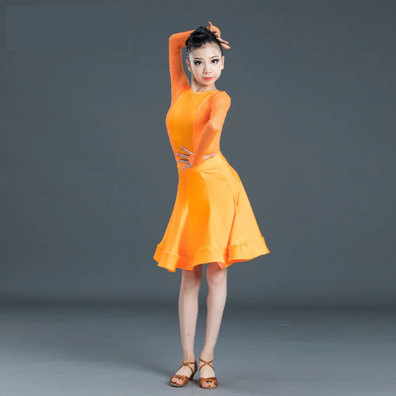 Orange Новинка; юбка для латинских танцев для девочек; юбки для бальных танцев, сальсы, танго; детское кружевное платье с разрезом для латинских танцев; трико и юбка - Цвет: Orange