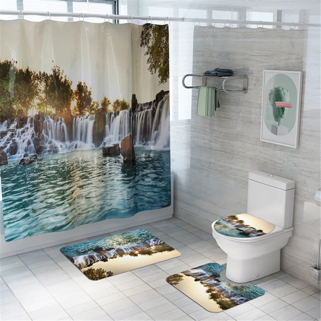 Mountain Landscape Print Shower Bathroom Mat and Shower Curtain Four-Piece Set household accessories for bathroom shower set