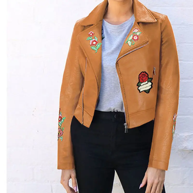 brown women jacket RealShe негабаритная куртка женская с лацканами с длинным рукавом вышивка молния Черная Кожаная Куртка Осень Зима Повседневная Плюс Размер Пальто для женщин - Цвет: brown women jacket
