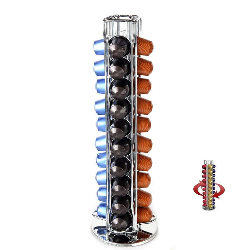 

Coffee Pod Holder Stand Stainless Steel Tower Rack Storage Nespresso Capsules Holds 40 Filter Holder 360 Degree Rotation