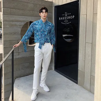 

Men Vintage Pattern Tie Bow Collar Loose Casual Flower Shirt Male Fashion Print Streetwear Hip Hop Party Dress Shirt