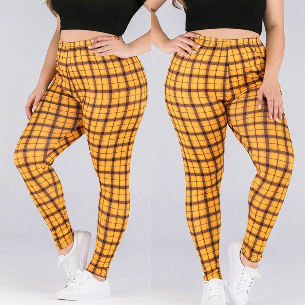 Ladies Pants Large Size Womens Elastic Waist yellow Lattice Printing Casual High Waist Leggings legging taille haute E