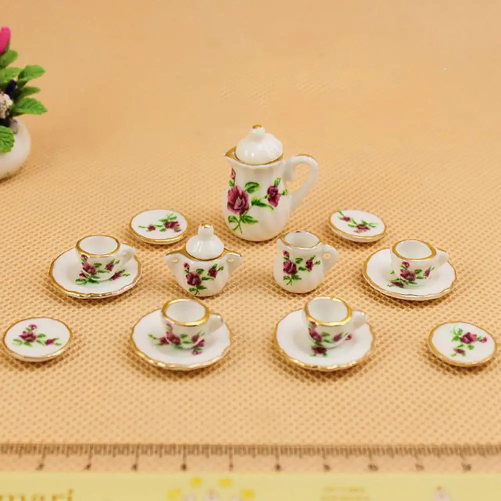 Juego De Tazas De Té Para Casa De Muñecas, A Escala 16, Accesorios Para Casa De Munecas En Miniatura 8 Piezas Patron De Flores Tetera Plato