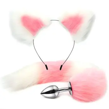 

2Pcs Erotic Set Butt Plug Tail Cat Ears Hair Hoop Fetish Cosplay Party SM Toy