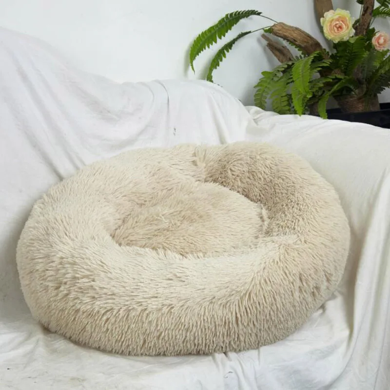 Круглые плюшевые кровати для кошек, мягкая длинная плюшевая кровать для кошек, зимний шезлонг, кровать для собак, кошек, гнездо для теплого сна, подушка для щенков