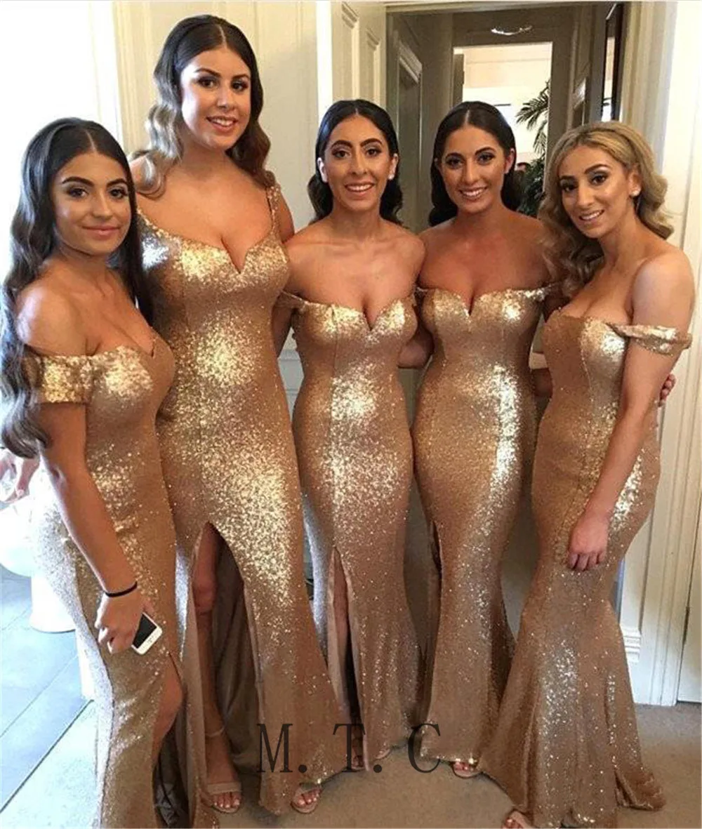 SINGLE ELEMENT Sequined Split Gold Formal Maid of Honor Gowns Mermaid Off The Shoulder Bridesmaid Dresses