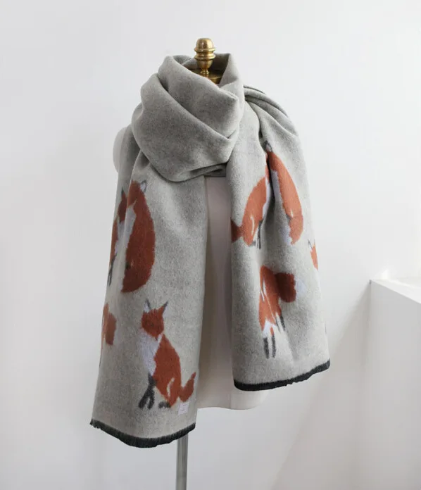 gray scarf Роскошный бренд, женский зимний теплый кашемировый шарф с принтом лисы, толстые шали, шарфы для женщин, пашмины, платок, Женский палантин, Bufanda - Цвет: gray scarf
