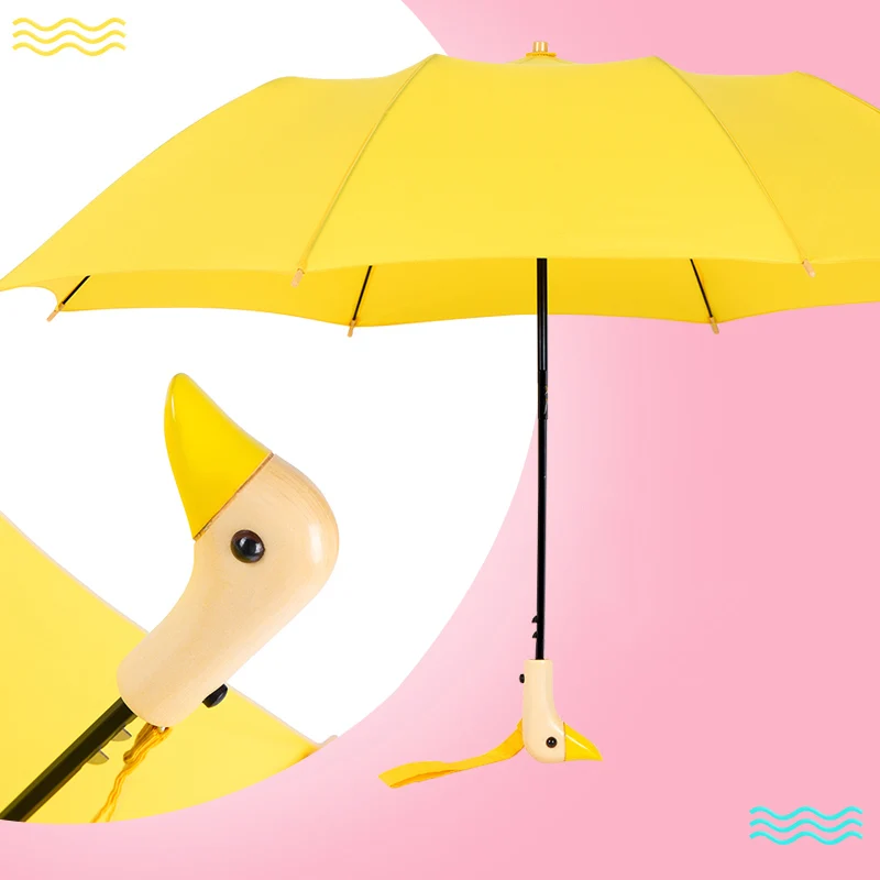 Автоматический женский зонт с милой головой утки, с деревянной ручкой, черное покрытие, анти-УФ 50, два складных зонта от солнца и дождя для детей