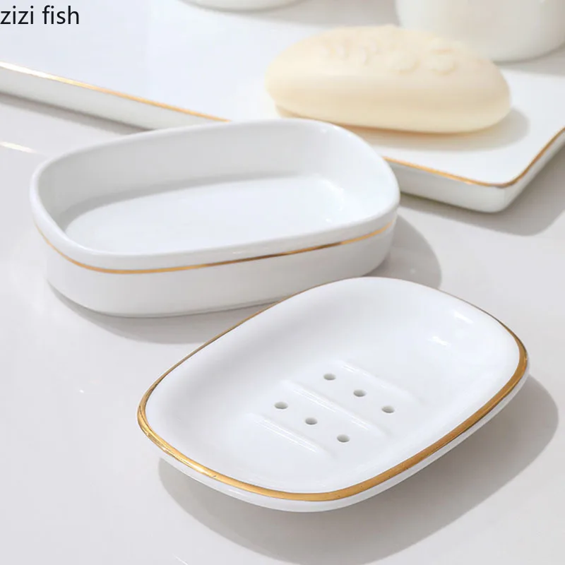 Golden Stripes Bathroom Decoration Accessories White Ceramic Toothbrush Holder Portable Soap Dispenser Mouth Mug Bath Supplies