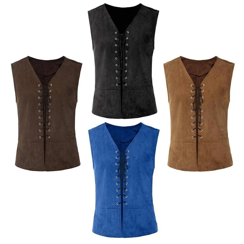 Jacket Men Gothic Punk Bandage Medieval Retro Vest Coat Sleeveless Work Fishing Jacket