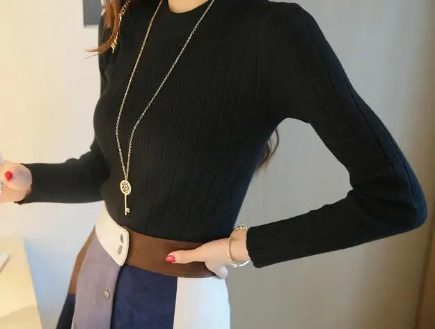 Новинка осени, корейский Однотонный свитер с круглым вырезом, приталенный вязаный свитер, базовый женский свитер - Цвет: Черный