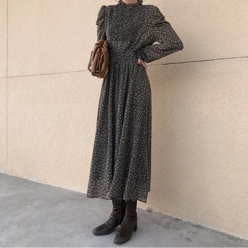 Manga a Line Bgteever Vintage Gola Ruched Vestido Feminino Floral Impressão Cintura Elástica Primavera Vestidos Femme 202 15 Moda Feminina
