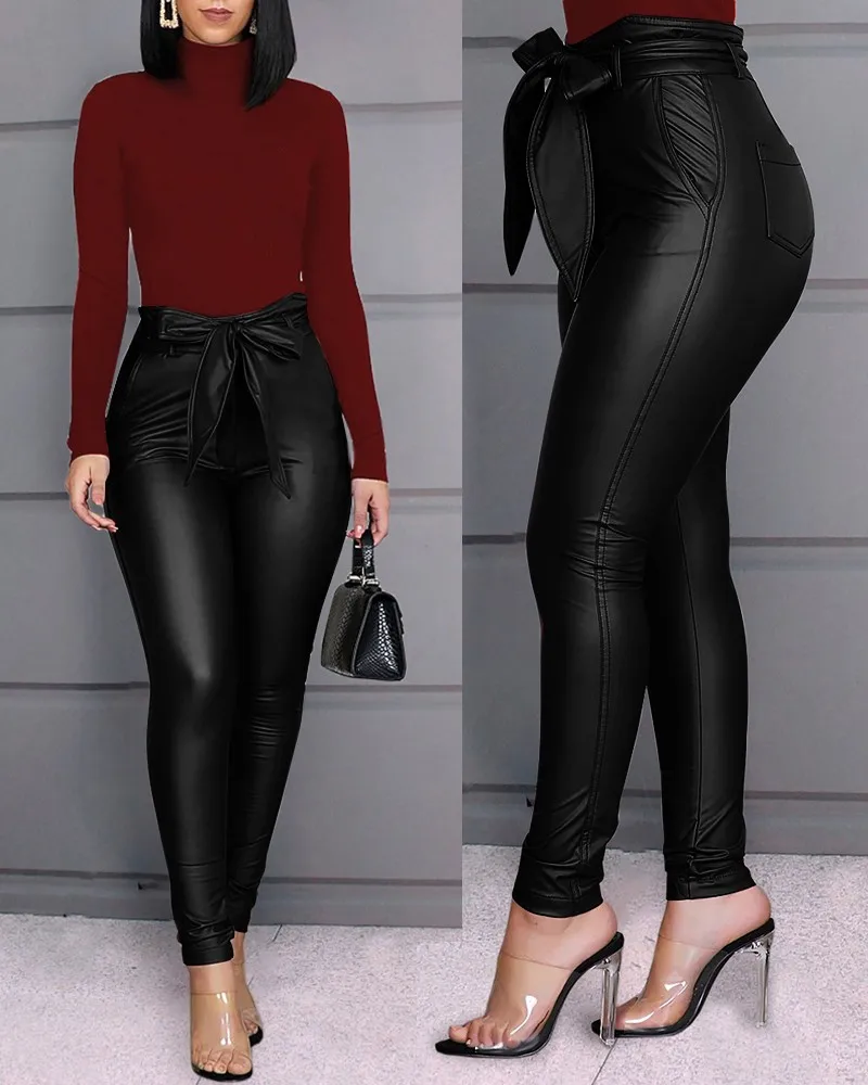 Winter PU Leather High Waist Trousers 