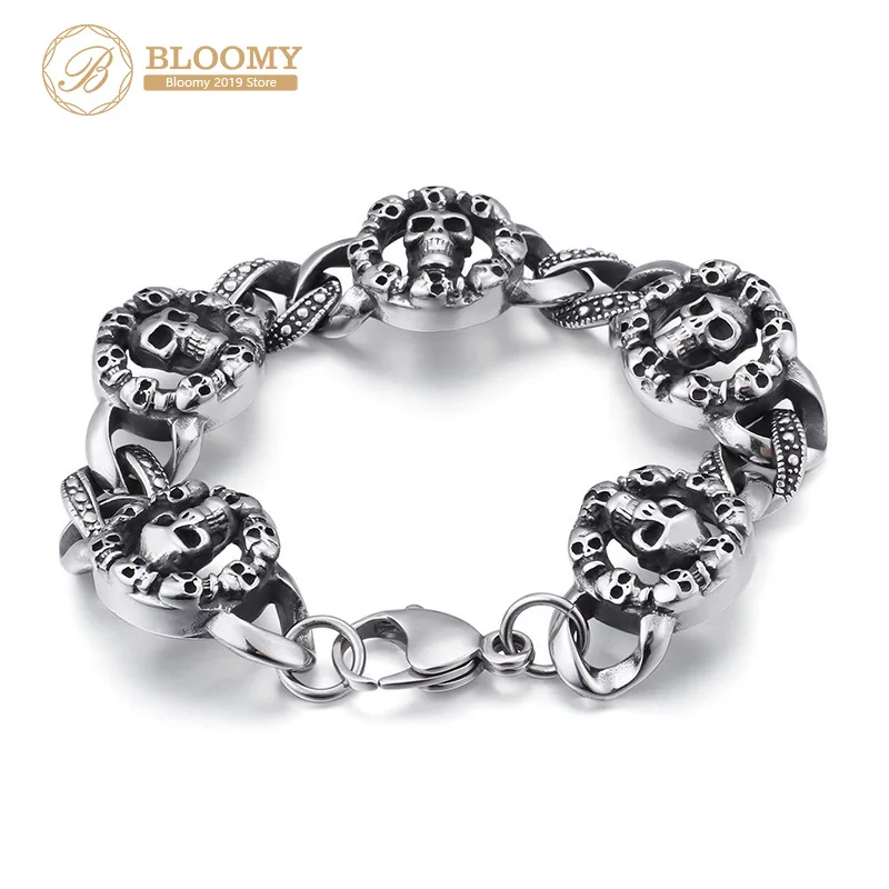 Хип прыгающее кресло-качалка готический браслет из головы черепа мужские золотые из нержавеющей стали мужские цепи браслеты Байкер ювелирные изделия для мужчин подарки лучшим друзьям