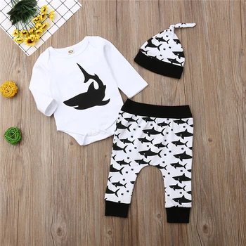 

2019 Newborn Baby Girls Boys Clothes Set Long Sleeve Autumn Shark Print Cotton Romper Pants Girl Clothing Cotton Outfit 3PCs