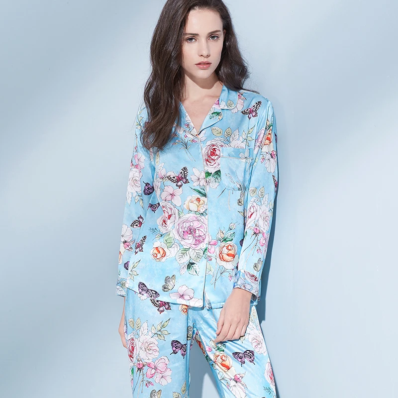 

Women 100% Real Silk Pajamas Set 2022 Printed Nightgown Pyjama Femme Sleep Lounge Bedgown Silk Girls Blue Silk Sleepwear Suits