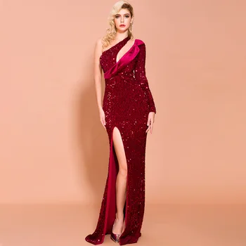 

Evening Dress Long Dress Red Black Sheath One-Shouledr Sweep Polyester Zipper Evening Dress Seuined