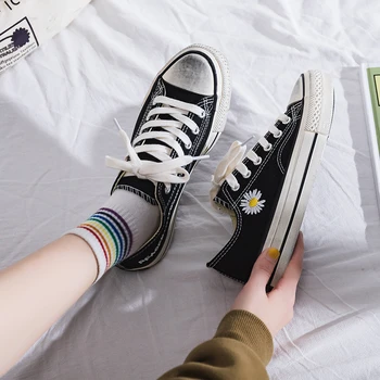 

Brand Women Platform Sneakers Flower Designers Chunky Casual Shoes Woman Canvas Shoes Black Fashion Trainers Vulcanized Shoes