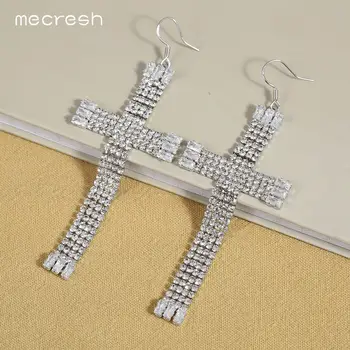 

Mecresh Statement Cross Bridal Long Drop Earrings for Women Silver Color Rhinestone Wedding Dangle Earrings Party Jewelry EH1724