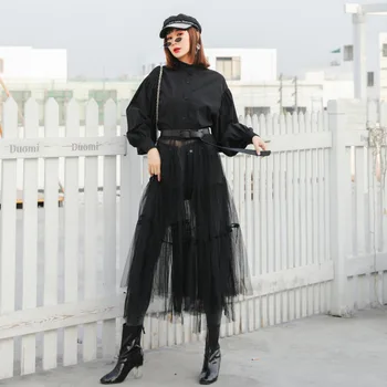 

2020 New Spring Summer Fashion Women Dress Vintage Befree Lantern Sleeve High Waist Bandage Mesh See-through gothic Black Maxi