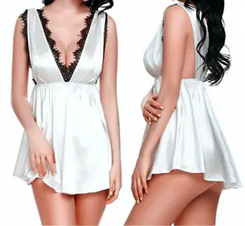 

Sexy Women V Neck Sleeveless Lace G-string Babydoll Nightdress Sleepwear Set Sexy Women Sleepwear Set Nightdress with G-string