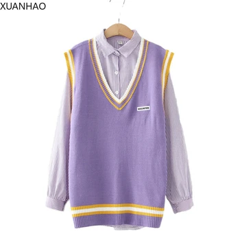 

Women Sets Turndown Collar Striped Blouse And Sleeveless Embroidery Knitted Vest 2020 Spring New Two Piece Set Clothing