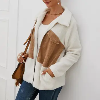 

Teddy Coat Winter Lady Zipper Coat Warm Zip Up Fur Coats Casual Color Block Faux Fur Coat Turn Down Collar Long Sleeve Jacket